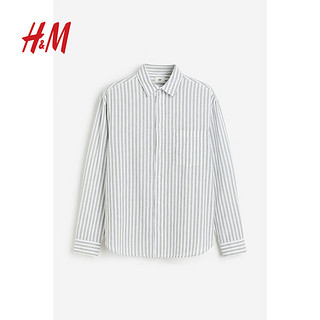 H&M2024春季男装长袖上衣时尚休闲版型亚麻混纺衬衫1160688 浅蓝色/白色条纹 175/100A M