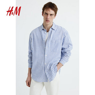 H&M2024春季男装长袖上衣时尚休闲版型亚麻混纺衬衫1160688 卡其绿/条纹 175/100A M