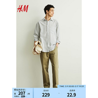 H&M2024春季男装长袖上衣时尚休闲版型亚麻混纺衬衫1160688 卡其绿/条纹 180/116A XL