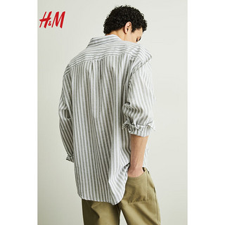 H&M2024春季男装长袖上衣时尚休闲版型亚麻混纺衬衫1160688 卡其绿/条纹 180/116A XL