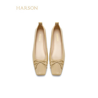 哈森羊皮女鞋2024年春季粗跟浅口时尚女单鞋舒适百搭芭蕾鞋 杏色 36