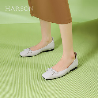 哈森羊皮女鞋2024年春季粗跟浅口时尚女单鞋舒适百搭芭蕾鞋 灰色 37