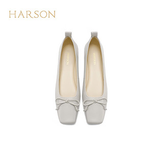 哈森羊皮女鞋2024年春季粗跟浅口时尚女单鞋舒适百搭芭蕾鞋 灰色 37