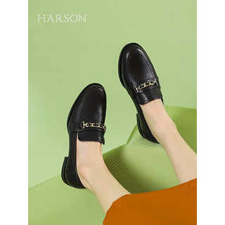 哈森【】2024款春季低跟圆头英伦乐福女单鞋HS242518 黑色 36