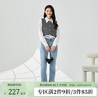 阿依莲时尚拼接直筒高腰牛仔裤2024年新款女春款破洞设计感裤子瘦 牛仔蓝