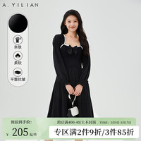 阿依莲温柔方领拼接针织连衣裙春季2024新款女装气质百搭好看裙子 黑色