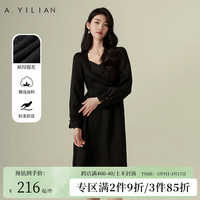 阿依莲赫本风方领长袖小黑裙女2024春季新款时尚气质遮肚子连衣裙 黑色