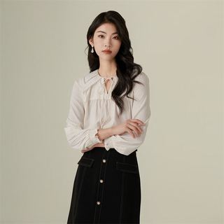 阿依莲荷叶边领衬衫春季2024女系带长袖白色衬衣洋气减龄上衣 本白 M