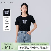 阿依莲2024年夏季短袖T恤重工蝴蝶印花高级感时尚气质上衣百搭宽松纯棉