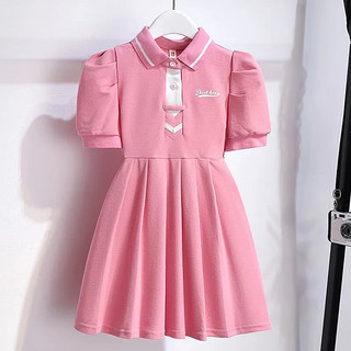 夏季新款洋气泡泡袖学院风polo裙韩版裙子 粉色 110cm
