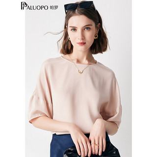 帕罗（PALUOPO）91%桑蚕丝短袖T恤女2024蝙蝠袖真丝半袖宽松上装设计感短袖 浅粉 M(160/84A)