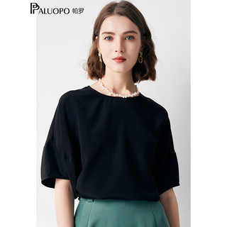 帕罗（PALUOPO）91%桑蚕丝短袖T恤女2024蝙蝠袖真丝半袖宽松上装设计感短袖 黑 XXL(175/96A)