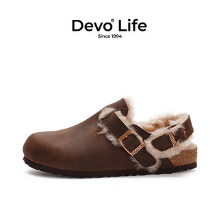 Devo Life的沃软木拖鞋包头半包加绒加毛外穿女鞋23007 深棕油蜡皮+沃黄毛 36