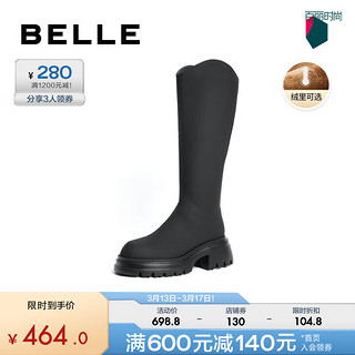 BeLLE 百丽 复古百搭弹力靴女增高显瘦高长筒靴加绒B1613DG3 黑色-绒里 35