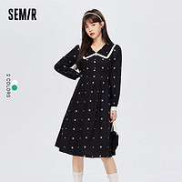 Semir 森马 连衣裙女泡泡袖少女感满印小黑裙冬新款花边翻领裙子甜美