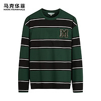 马克华菲【刺绣】长袖T恤男2024春秋新款条纹圆领宽松百搭潮流T恤打底衫 202深绿