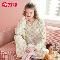 芬腾睡衣女纯棉2024年春季国民翻领长袖格纹粉黛兔IP联名家居服套装 绿格 S
