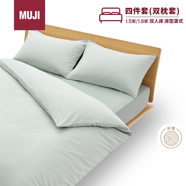 PLUS会员：無印良品 MUJI 易干柔软被套套装 床上四件套 绿色格纹 床垫罩式/双人床用