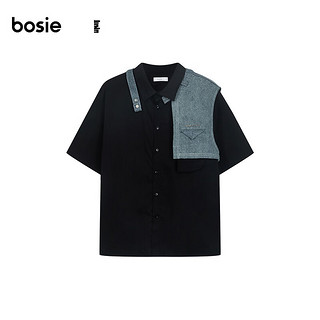 bosie2024年夏季短袖衬衫男可拆卸牛仔落肩宽松衬衣外套 黑色 155/76A
