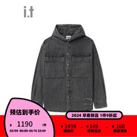 izzue it 男装连帽牛仔衬衫2024春季新款潮流有型水洗外搭8504S4M BKX/黑色