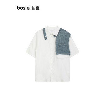 bosie2024年夏季短袖衬衫男可拆卸牛仔落肩宽松衬衣外套 白色 165/84A