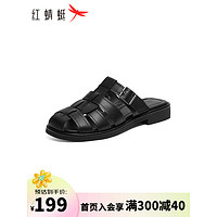 红蜻蜓包头拖鞋2024夏季罗马风格平底拖鞋休闲拖鞋牛皮拖鞋WFK24020 黑色 39