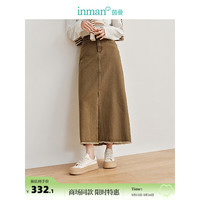 茵曼显瘦牛仔裙2024春季女装前中开叉直筒半身裙 榄棕色 L