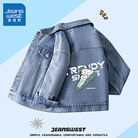 JEANSWEST 真维斯 男童牛仔外套春秋款儿童帅气夹克上衣中大童春装时尚童装 蓝 球鞋白 120