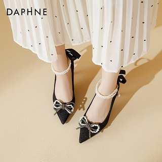 达芙妮（DAPHNE）法式高跟鞋女2024春季百搭蝴蝶结尖头细跟伴娘鞋久站不累婚鞋 黑色 38