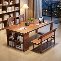 华舟实木书桌学习桌家用电脑桌1.6米胡桃色书桌(桌面厚4cm)+实木椅*4