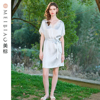 美标 MEIBIAO商场同款重磅短袖真丝睡裙女春夏6A级桑蚕丝绸蕾丝外穿家居服睡衣 水蓝