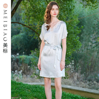 美标 MEIBIAO商场同款重磅短袖真丝睡裙女春夏6A级桑蚕丝绸蕾丝外穿家居服睡衣 水蓝