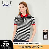 ELLE ACTIVE时尚百搭撞色条纹POLO衫女士2024夏季运动休闲短袖翻领上衣 黑白条 L