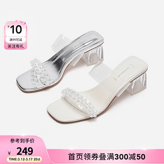 热风2024年夏季女士舒适粗跟鞋透明水晶鞋仙女风凉鞋拖鞋法式优雅 03米色 34 正码
