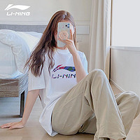 LI-NING 李宁 T恤女2024夏季新款圆领短袖纯棉短袖休闲运动服印花白色上衣