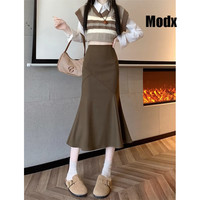 MODX香港潮牌加厚毛呢鱼尾半身裙女秋冬设计感拼接荷叶边裙高腰显瘦