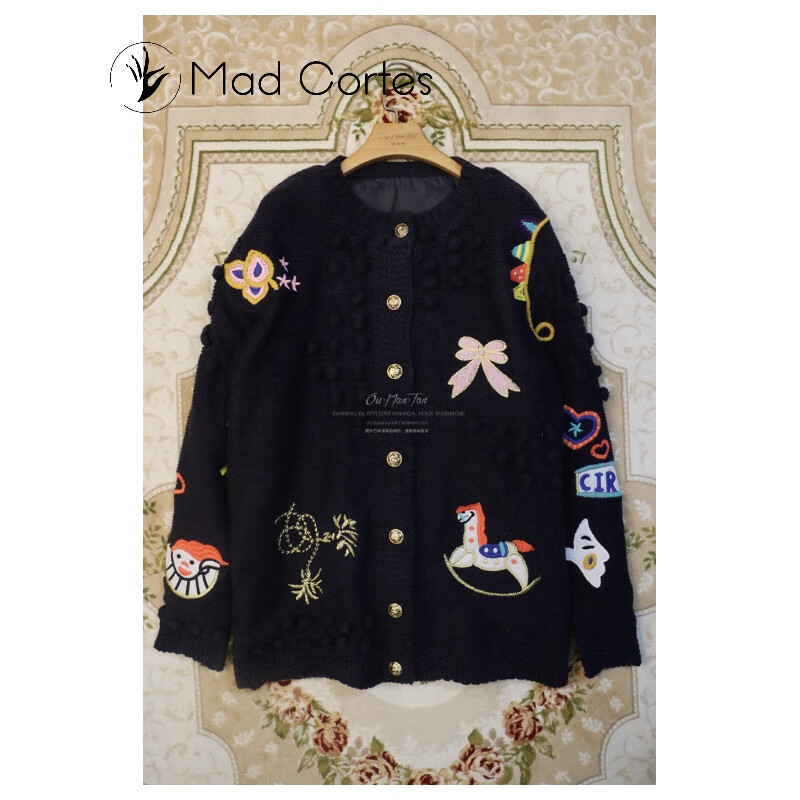 Mad Cortes 设计感趣味卡通毛衣手工羊毛针织衫外套秋冬女 深藏蓝色 