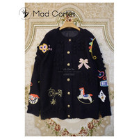 Mad Cortes 设计感趣味卡通毛衣手工羊毛针织衫外套秋冬女 深藏蓝色 