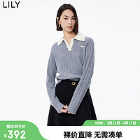 LILY2023冬女装全绵羊毛设计感假两件复古绞花Polo毛衣上衣女 501灰色 M