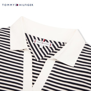 TOMMY HILFIGER24春季女装莱赛尔微弹通勤绣标V领宽松短袖POLO衫41286 黑白条纹03N XL （：130-150斤）