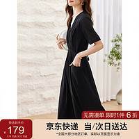 SENTUBILA 尚都比拉 夏季优雅气质女神范V领腰带收腰显瘦连衣裙女中长款裙子 黑色 S