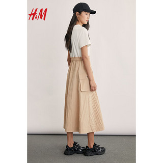 H&M2024春季女装配腰带连衣裙1233304 浅米色/白色 160/88A