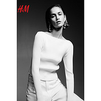 H&M女士毛衣2024春细密罗纹针织修身一字领上衣1227735 奶油色 165/96A M