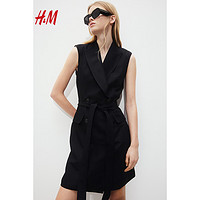 H&M女装裙子2024春季亚麻混纺西装连衣裙1212380 黑色 170/104A L