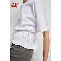 H&M 女装T恤2024春季系带设计棉质汗布上衣1225514 白色 165/96A M