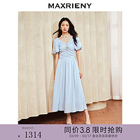 MAXRIENY精致复古连衣裙2024春款泡泡袖v领公主裙收腰显瘦仙女裙 雾蓝 02/36/M