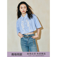 MAXRIENY【英式雅皮士-】复古摩登珠花条纹上衣衬衫女 浅牛仔蓝 02/36/M