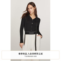 欧时力 高支高密针织外套女内搭上衣2024早春V领飘带显瘦坑条 黑色 S
