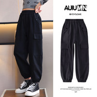 优优1点（Yoyo one）女童工装裤春秋2024儿童粉色纯棉裤子大童运动长裤炸街休闲裤 黑色 120cm