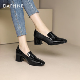 达芙妮真皮粗跟单鞋女2024英伦风中跟女士皮鞋气质方头乐福鞋女 黑色